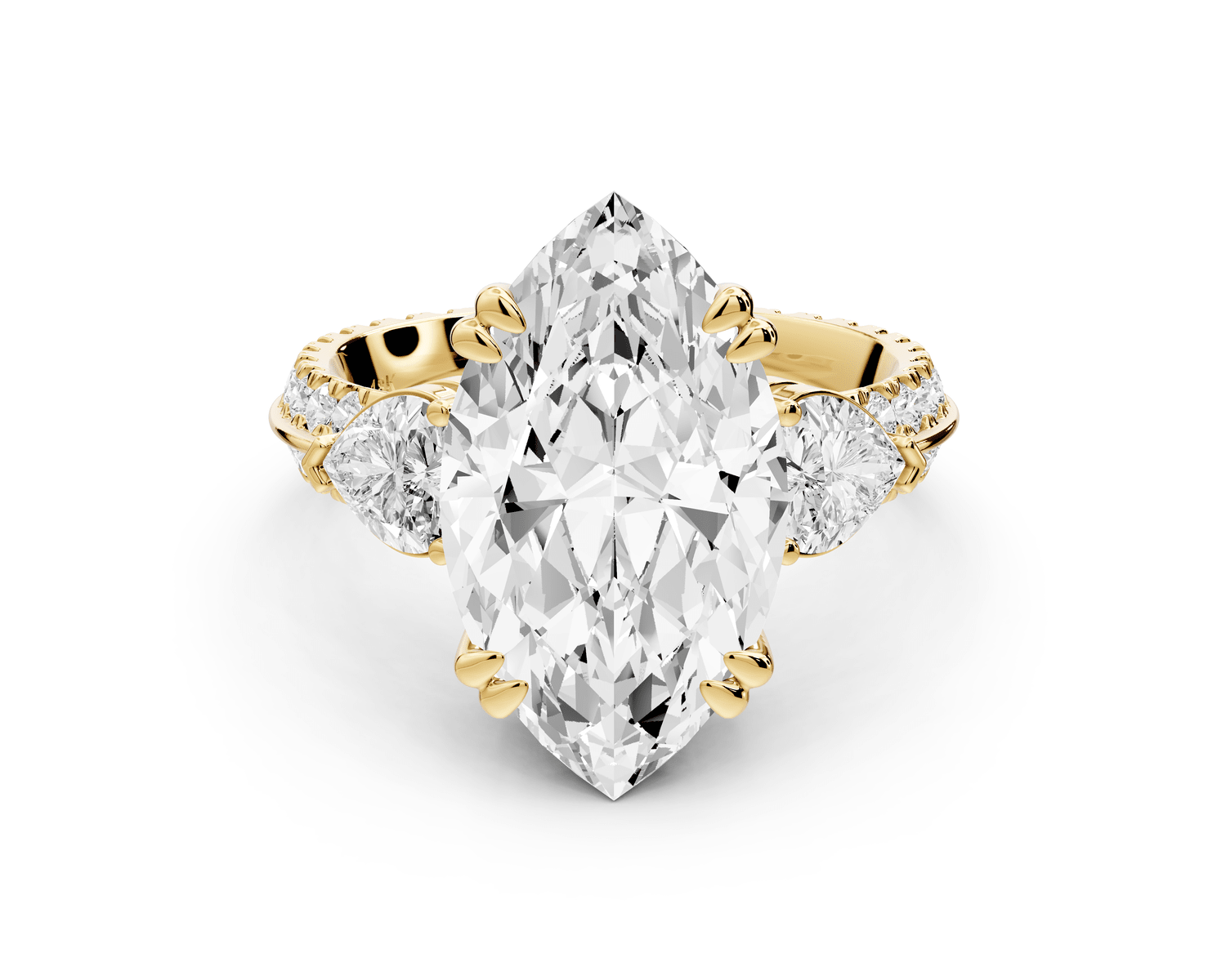 Elinor - 4ct 18k yellow gold marquise diamond Double talon prongs with two heart side stones and rollover pavé engagement ring - Mr. Alex Jewelry