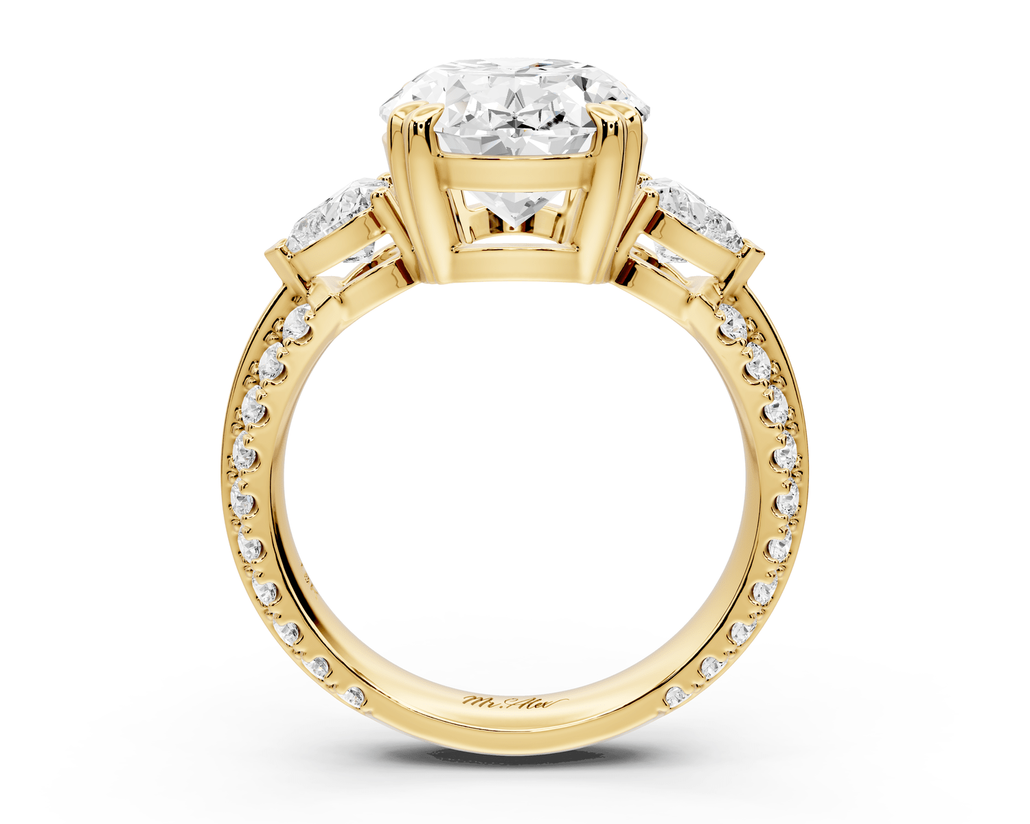 Elinor - 4ct 18k yellow gold oval diamond Double talon prongs with two heart side stones and rollover pavé engagement ring - Mr. Alex Jewelry