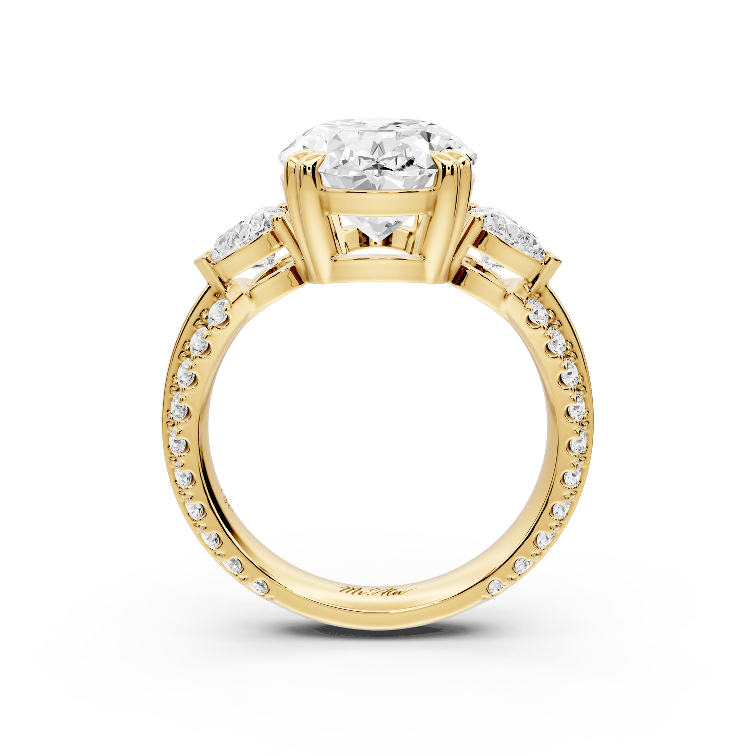 Elinor - 4ct 18k yellow gold oval diamond Double talon prongs with two heart side stones and rollover pavé engagement ring - Mr. Alex Jewelry