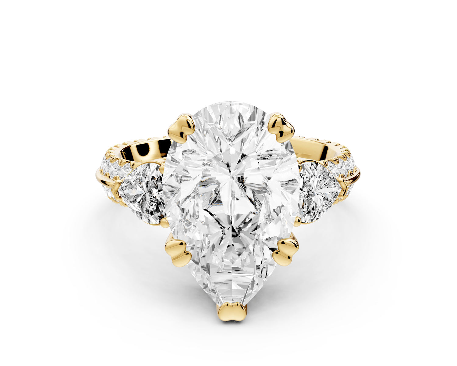 Elinor - 4ct 18k yellow gold pear diamond Double talon prongs with two heart side stones and rollover pavé engagement ring - Mr. Alex Jewelry