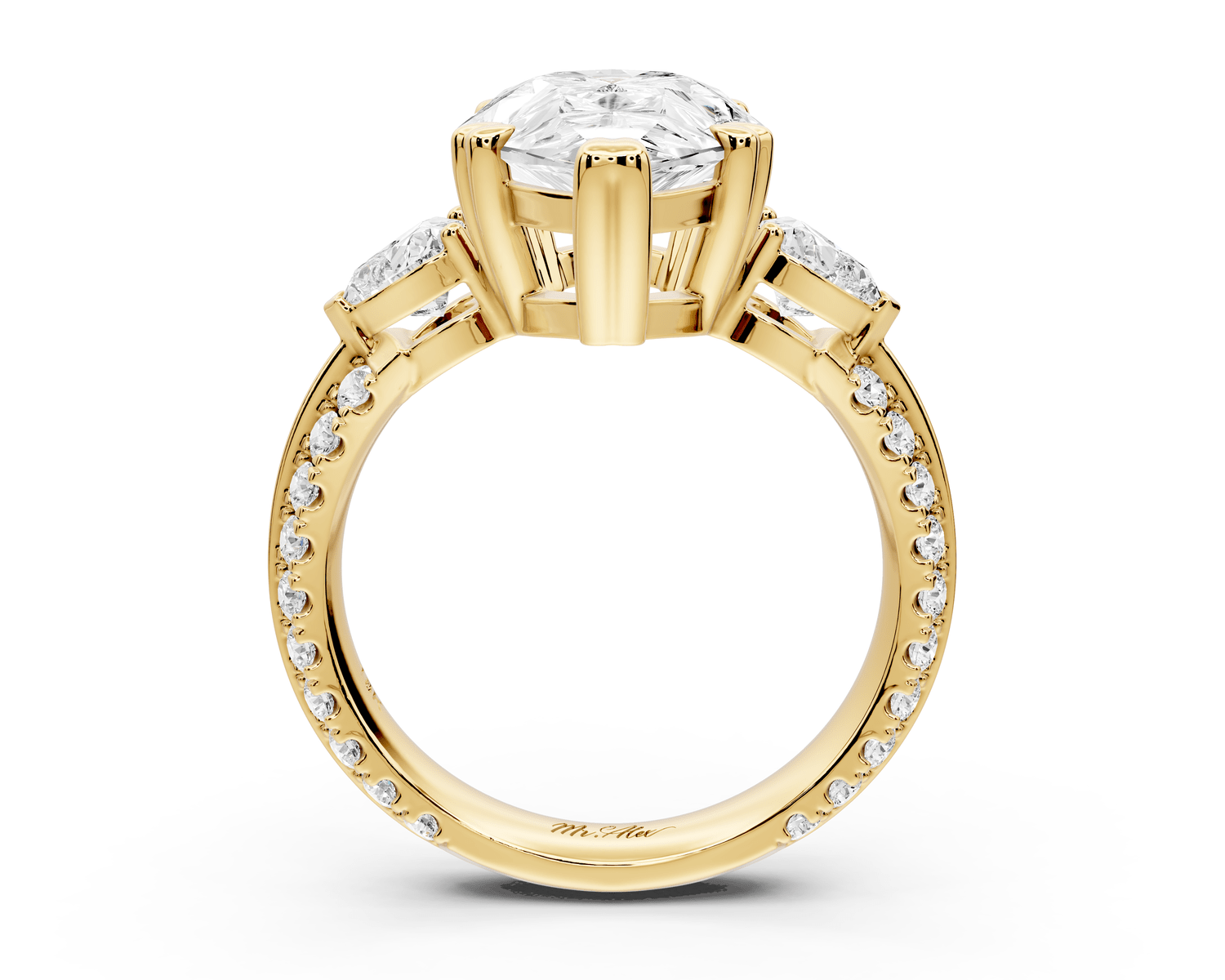 Elinor - 4ct 18k yellow gold pear diamond Double talon prongs with two heart side stones and rollover pavé engagement ring - Mr. Alex Jewelry