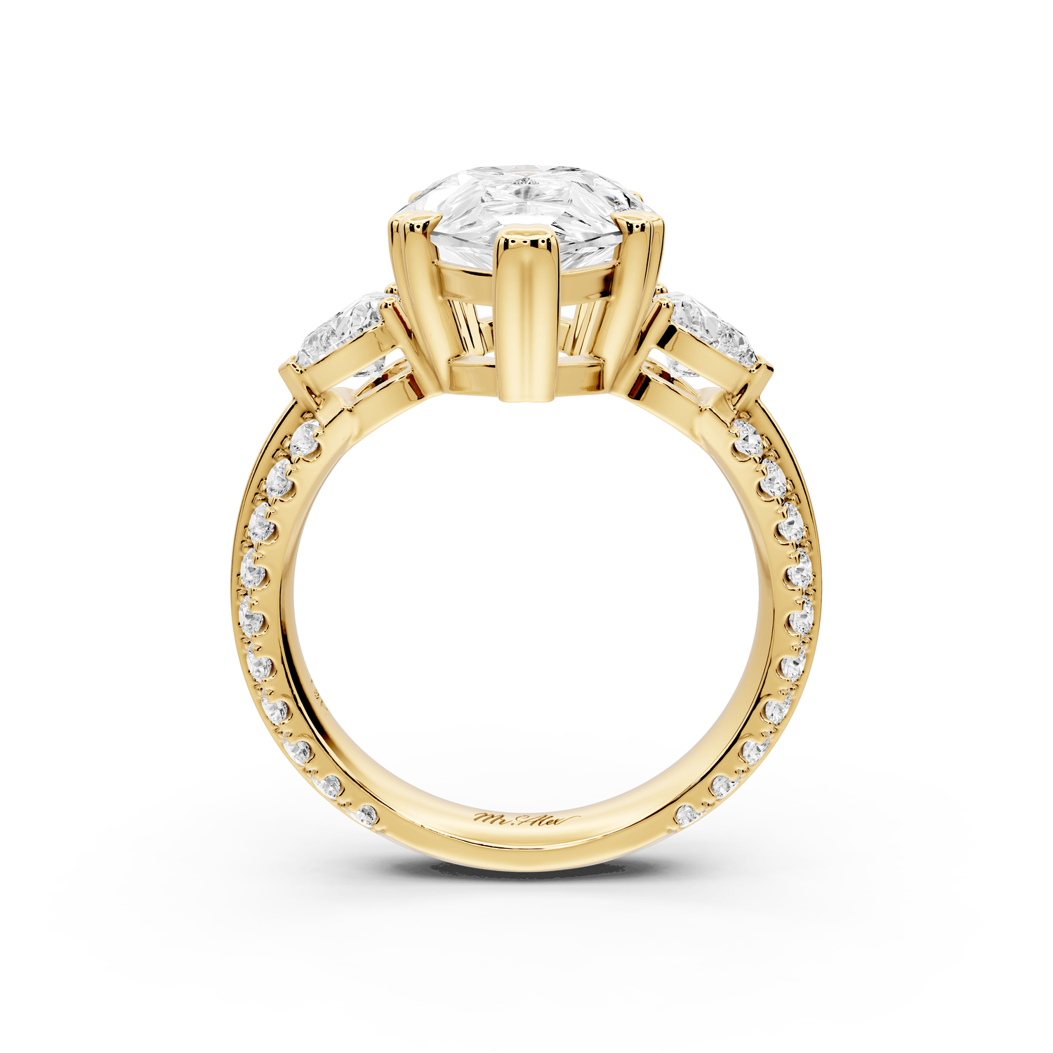 Elinor - 4ct 18k yellow gold pear diamond Double talon prongs with two heart side stones and rollover pavé engagement ring - Mr. Alex Jewelry