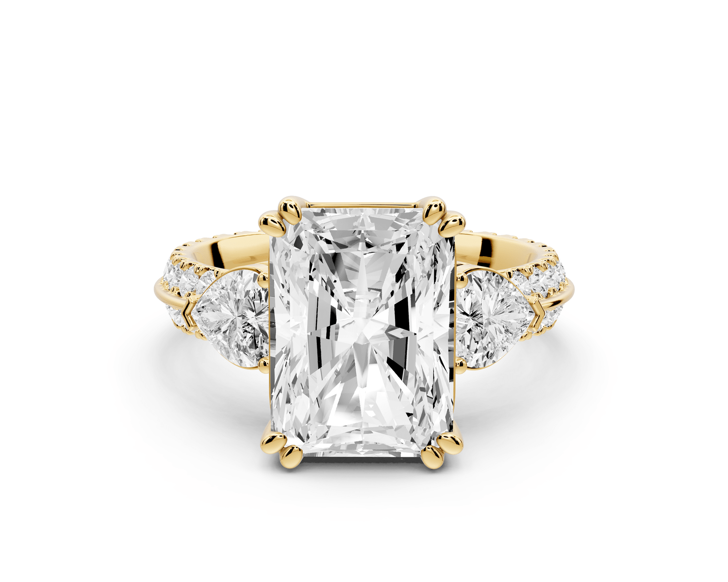 Elinor - 4ct 18k yellow gold radiant diamond Double talon prongs with two heart side stones and rollover pavé engagement ring - Mr. Alex Jewelry