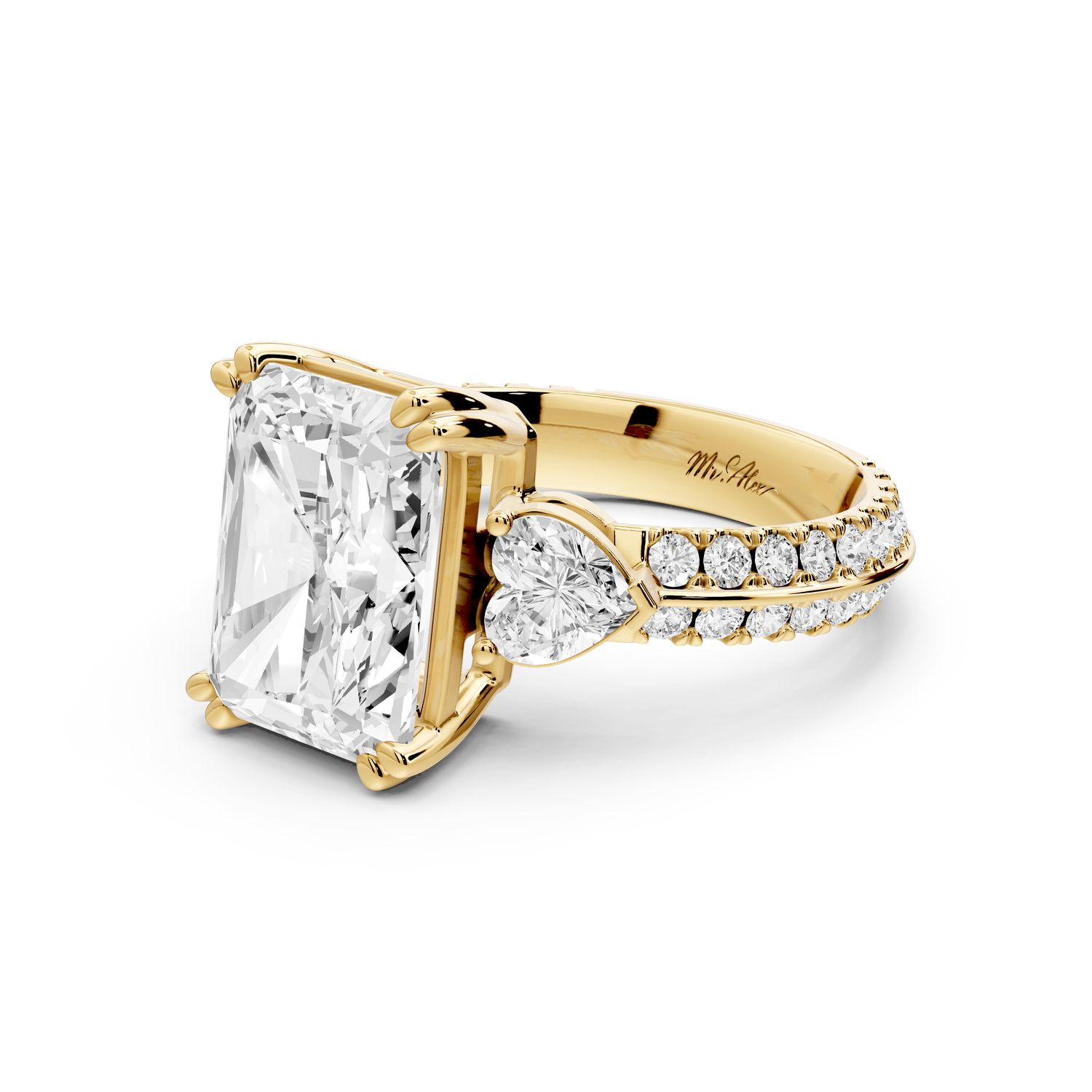 Elinor - 4ct 18k yellow gold radiant diamond Double talon prongs with two heart side stones and rollover pavé engagement ring - Mr. Alex Jewelry