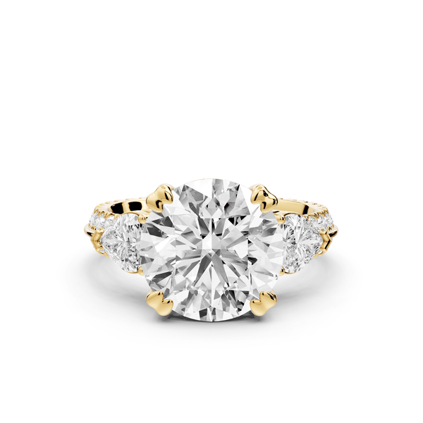 Elinor - 4ct 18k yellow gold round diamond Double talon prongs with two heart side stones and rollover pavé engagement ring - Mr. Alex Jewelry