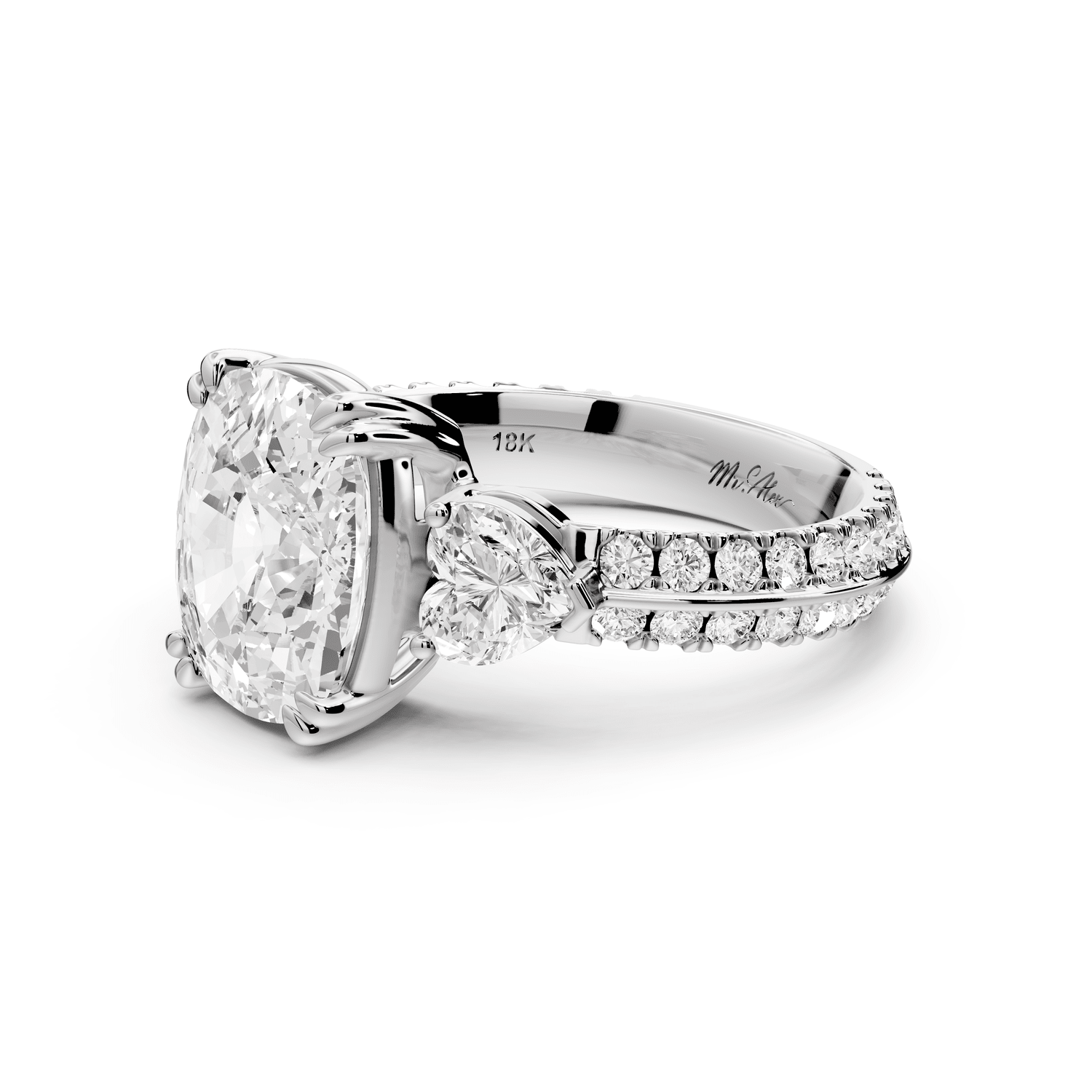 Elinor - 4ct platinum ecushion diamond Double talon prongs with two heart side stones and rollover pavé engagement ring - Mr. Alex Jewelry