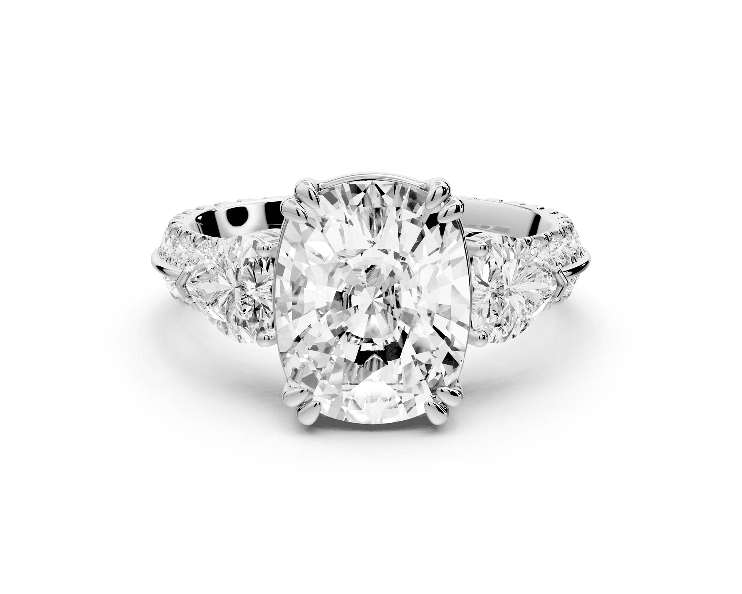 Elinor - 4ct platinum ecushion diamond Double talon prongs with two heart side stones and rollover pavé engagement ring - Mr. Alex Jewelry