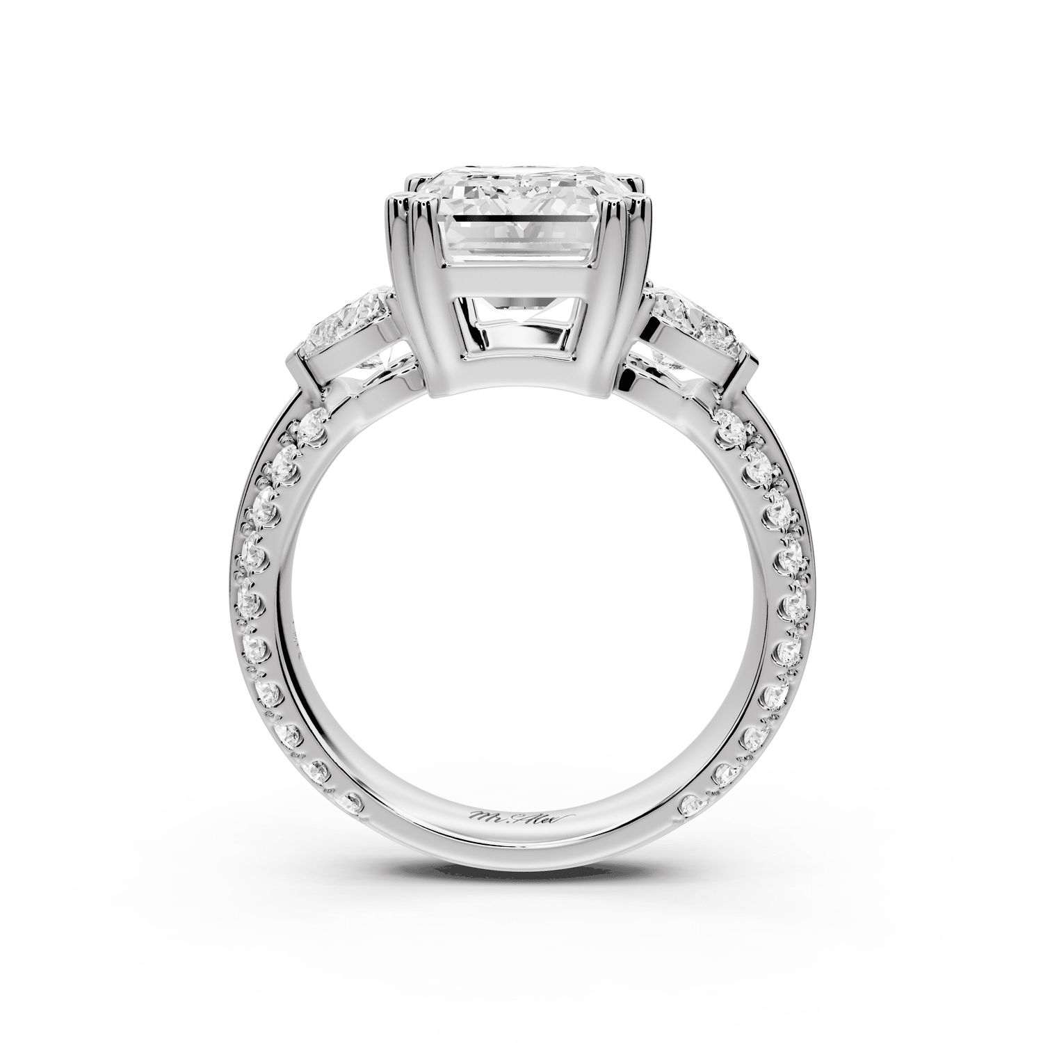 Elinor - 4ct platinum emerald diamond Double talon prongs with two heart side stones and rollover pavé engagement ring - Mr. Alex Jewelry