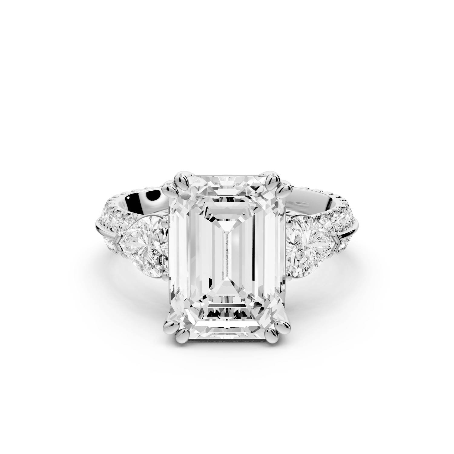 Elinor - 4ct platinum emerald diamond Double talon prongs with two heart side stones and rollover pavé engagement ring - Mr. Alex Jewelry