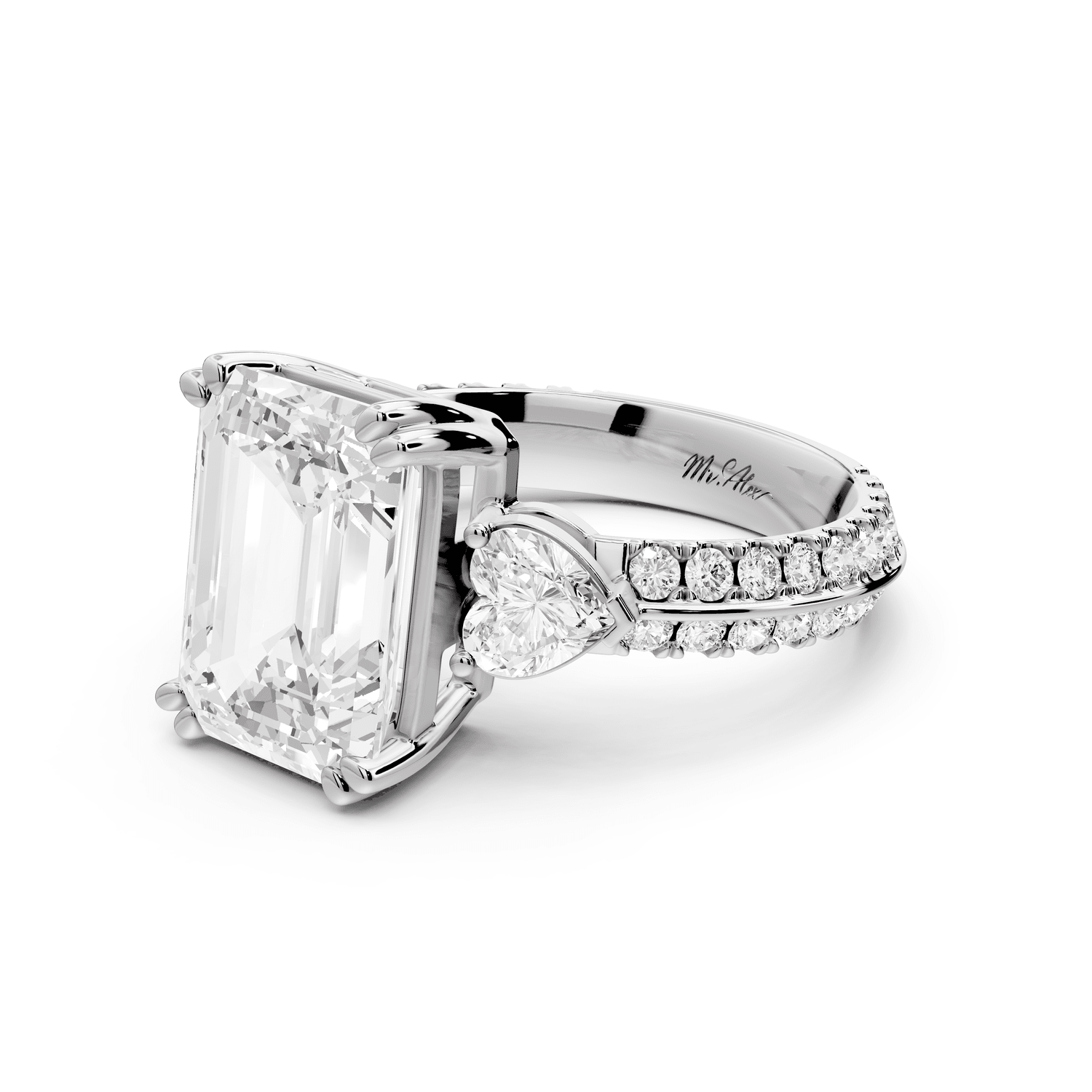 Elinor - 4ct platinum emerald diamond Double talon prongs with two heart side stones and rollover pavé engagement ring - Mr. Alex Jewelry