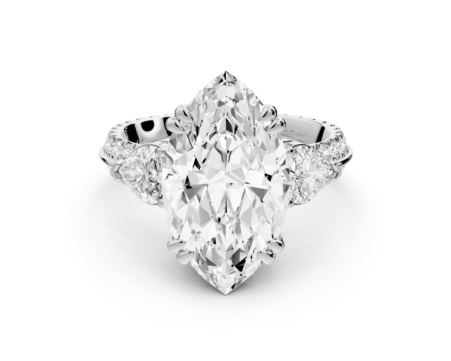 Elinor - 4ct platinum marquise diamond Double talon prongs with two heart side stones and rollover pavé engagement ring - Mr. Alex Jewelry