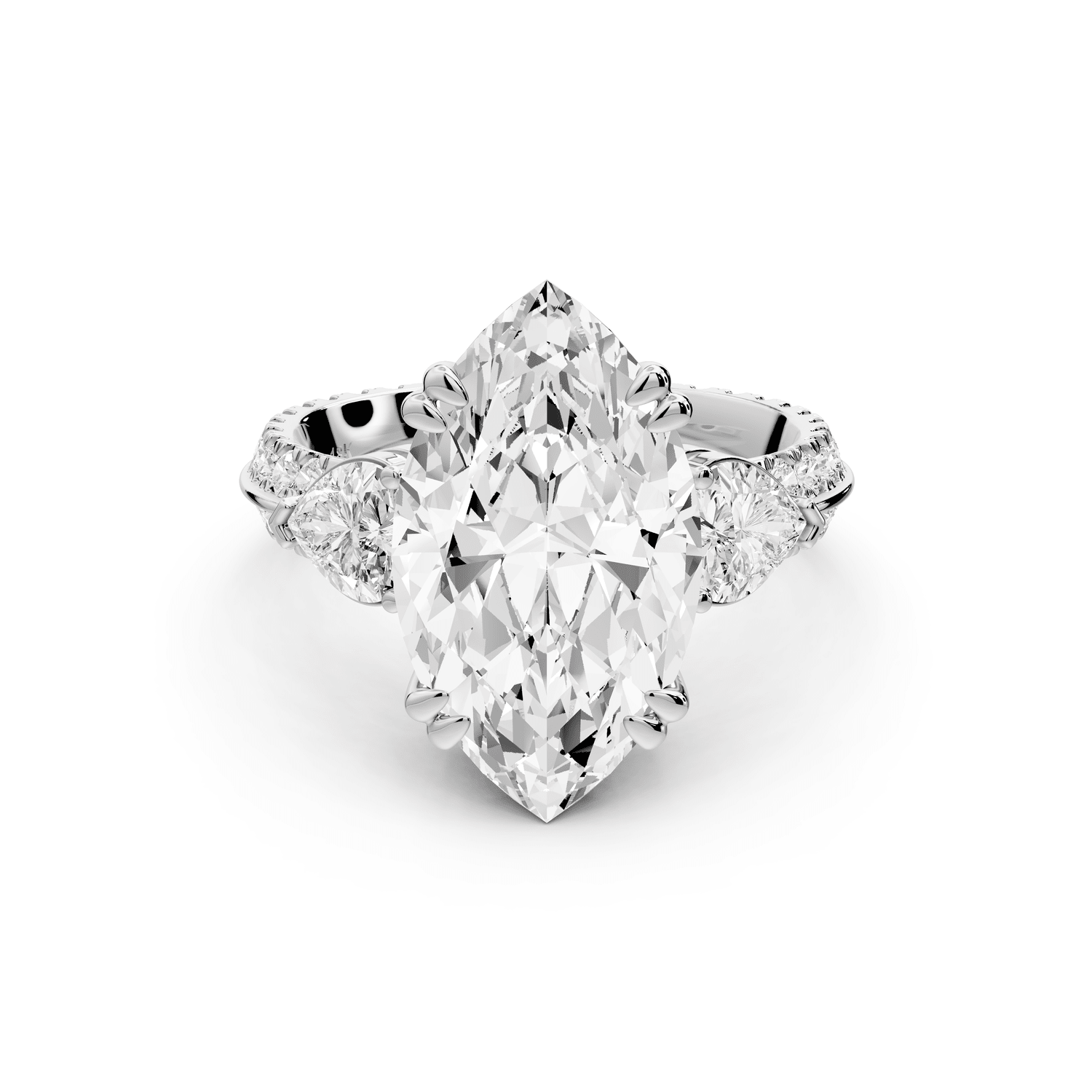 Elinor - 4ct platinum marquise diamond Double talon prongs with two heart side stones and rollover pavé engagement ring - Mr. Alex Jewelry