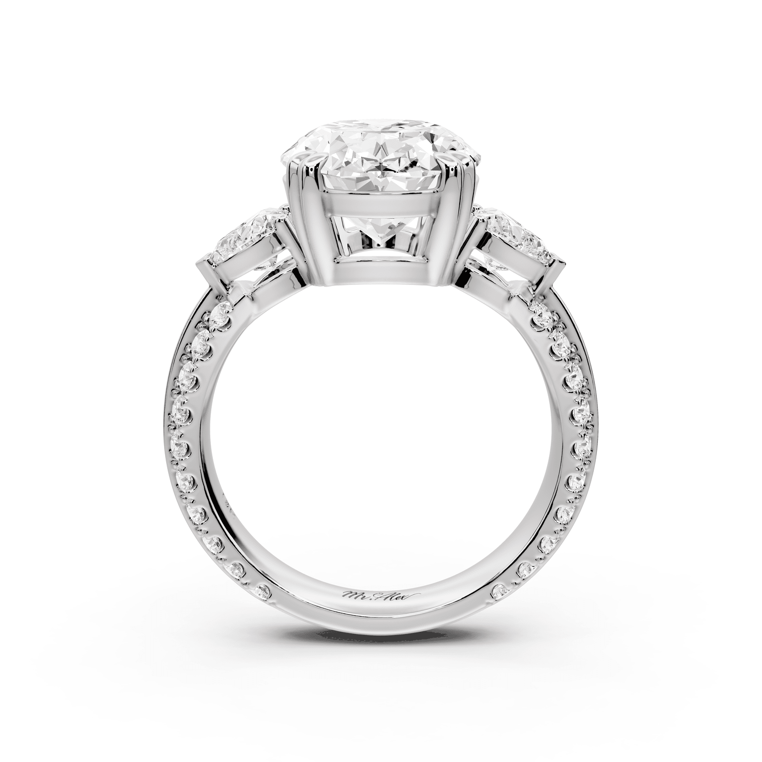 Elinor - 4ct platinum oval diamond Double talon prongs with two heart side stones and rollover pavé engagement ring - Mr. Alex Jewelry