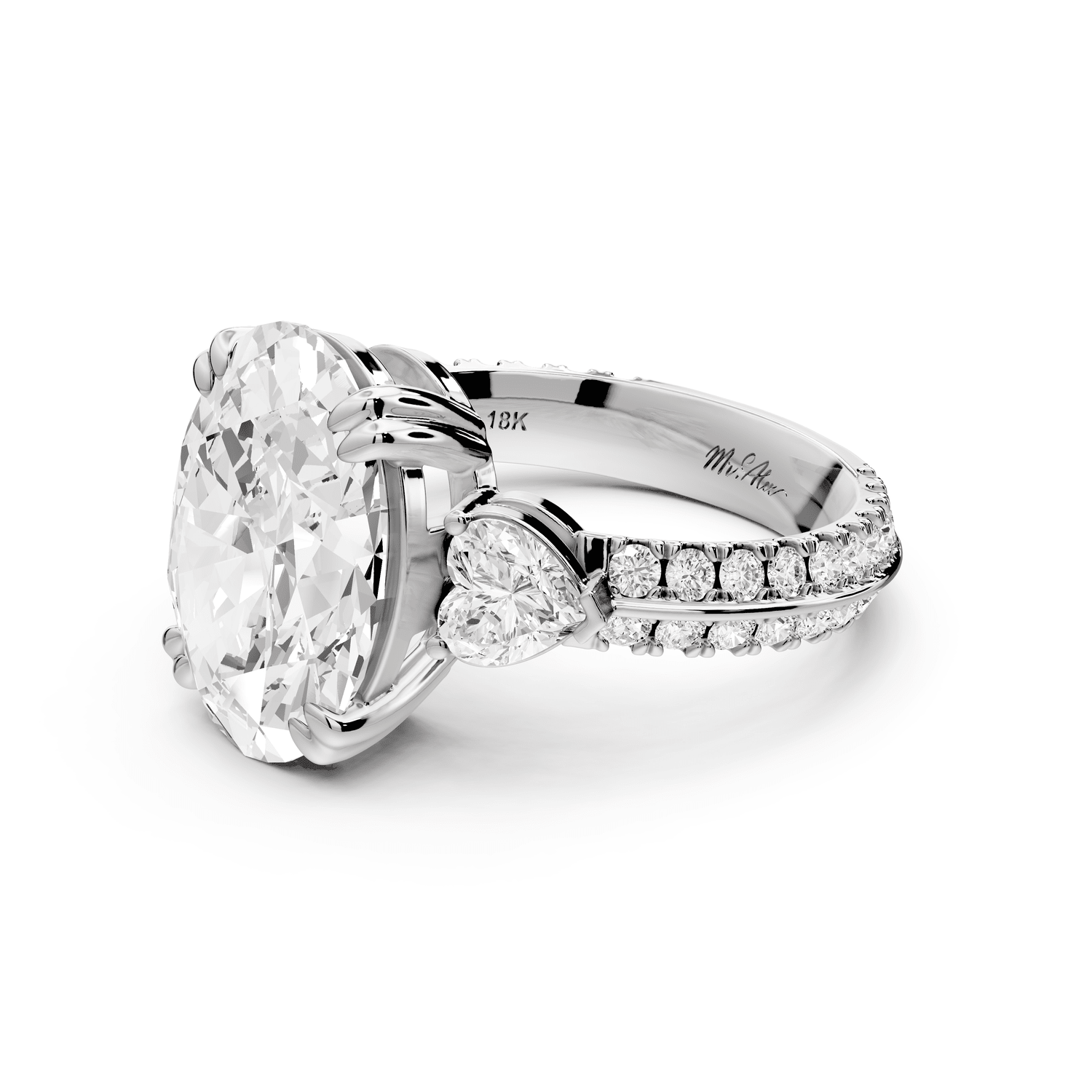 Elinor - 4ct platinum oval diamond Double talon prongs with two heart side stones and rollover pavé engagement ring - Mr. Alex Jewelry