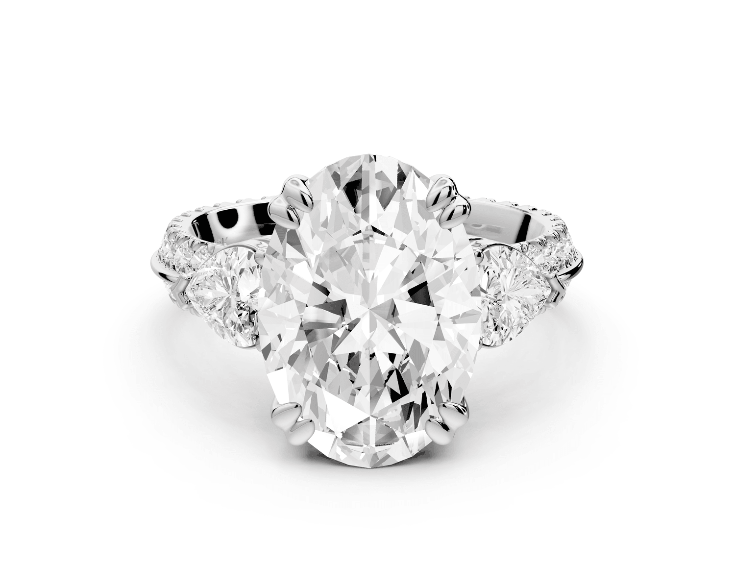 Elinor - 4ct platinum oval diamond Double talon prongs with two heart side stones and rollover pavé engagement ring - Mr. Alex Jewelry