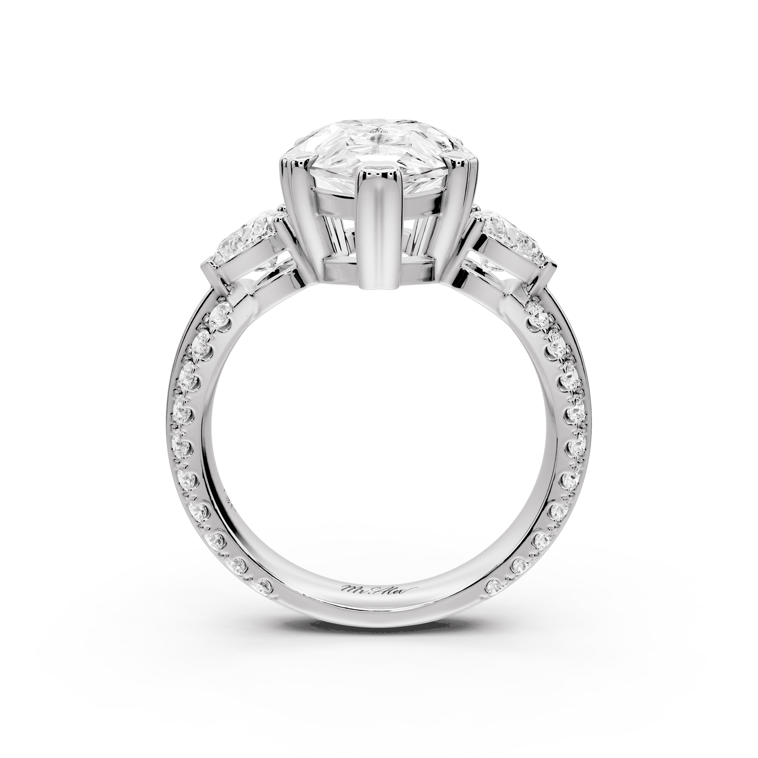 Elinor - 4ct platinum pear diamond Double talon prongs with two heart side stones and rollover pavé engagement ring - Mr. Alex Jewelry