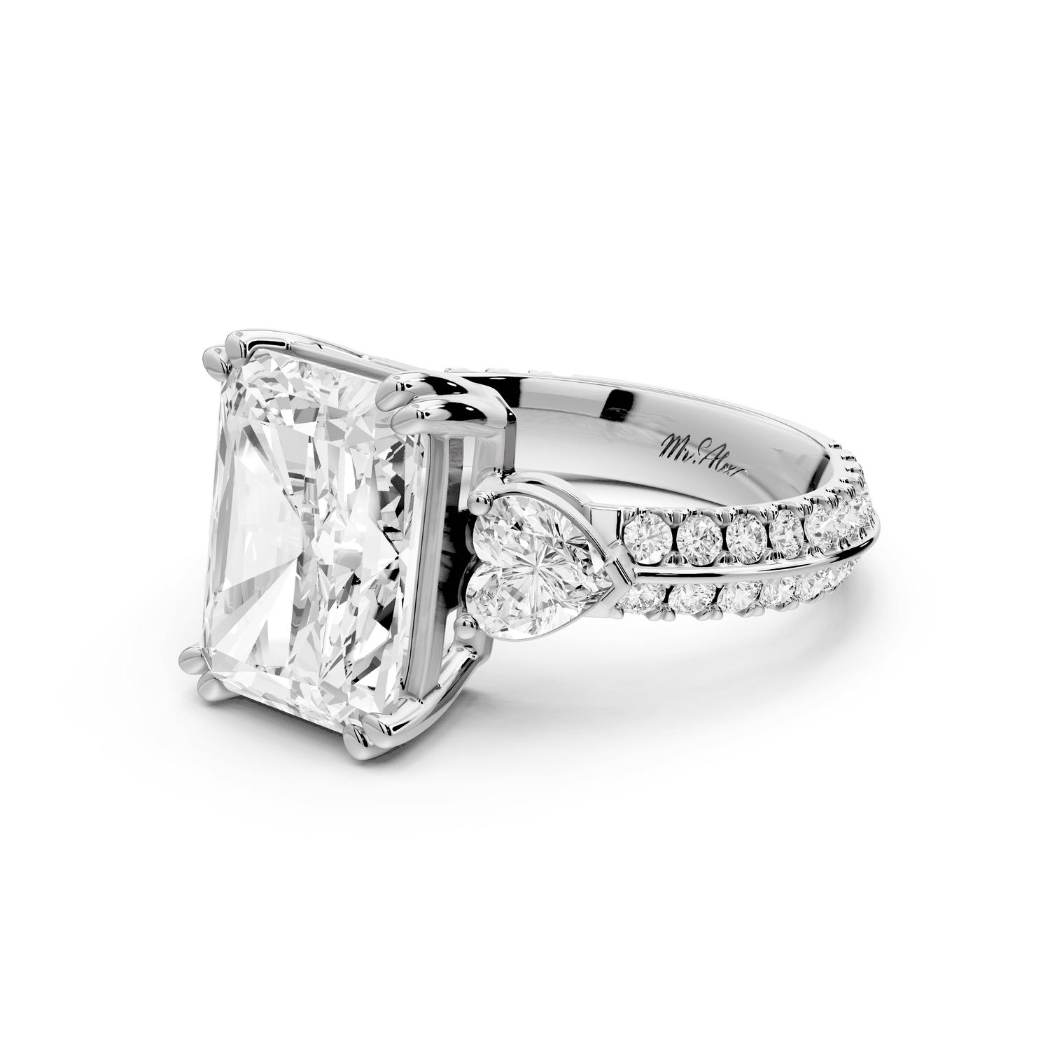 Elinor - 4ct platinum radiant diamond Double talon prongs with two heart side stones and rollover pavé engagement ring - Mr. Alex Jewelry