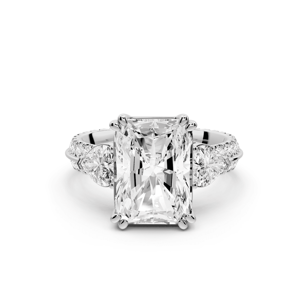 Elinor - 4ct platinum radiant diamond Double talon prongs with two heart side stones and rollover pavé engagement ring - Mr. Alex Jewelry
