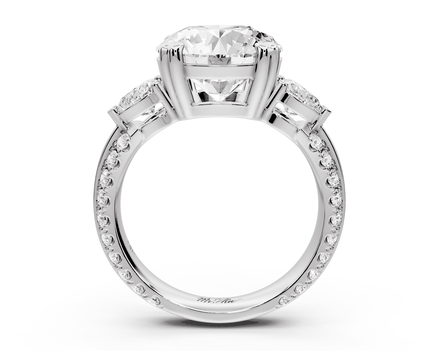 Elinor - 4ct platinum round diamond Double talon prongs with two heart side stones and rollover pavé engagement ring - Mr. Alex Jewelry