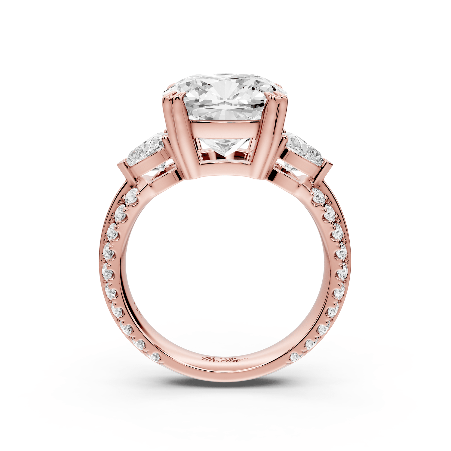 Elinor - 5ct 14k rose gold cushion diamond Double talon prongs with two heart side stones and rollover pavé engagement ring - Mr. Alex Jewelry