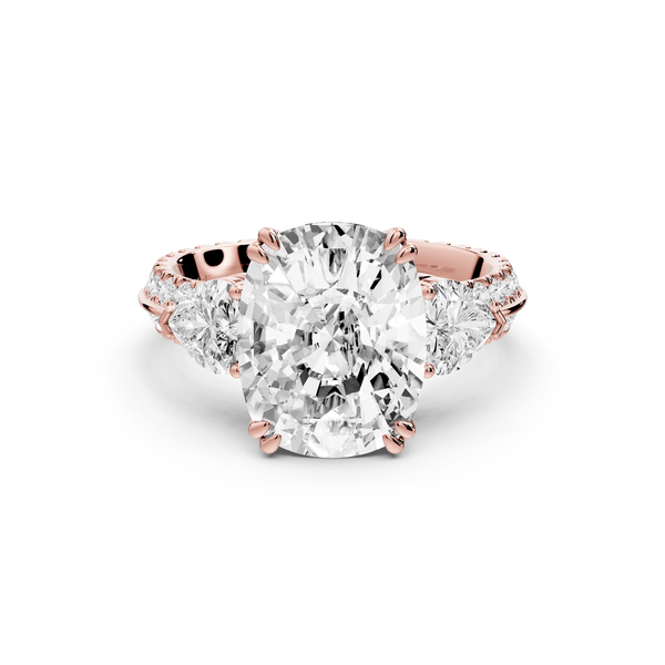 Elinor - 5ct 14k rose gold ecushion diamond Double talon prongs with two heart side stones and rollover pavé engagement ring - Mr. Alex Jewelry