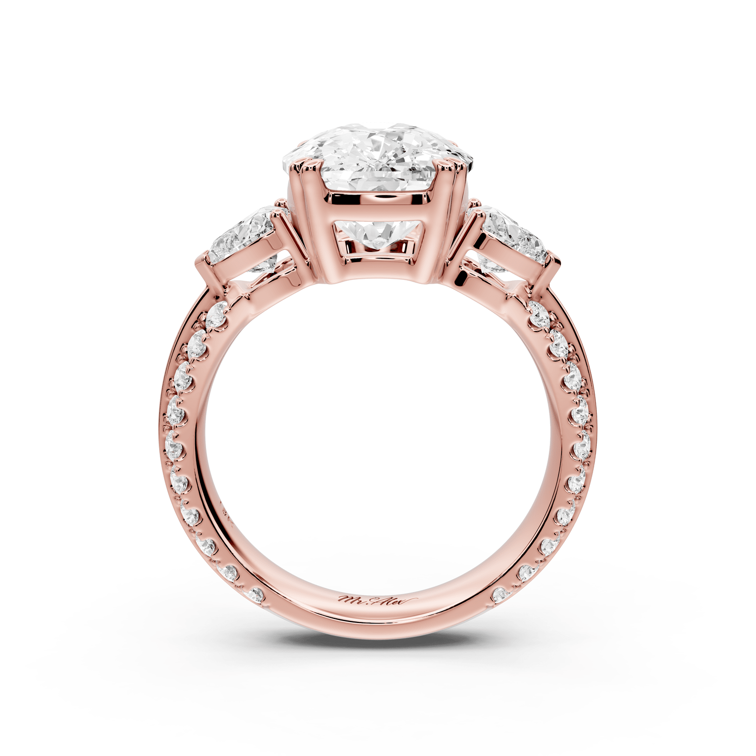 Elinor - 5ct 14k rose gold ecushion diamond Double talon prongs with two heart side stones and rollover pavé engagement ring - Mr. Alex Jewelry