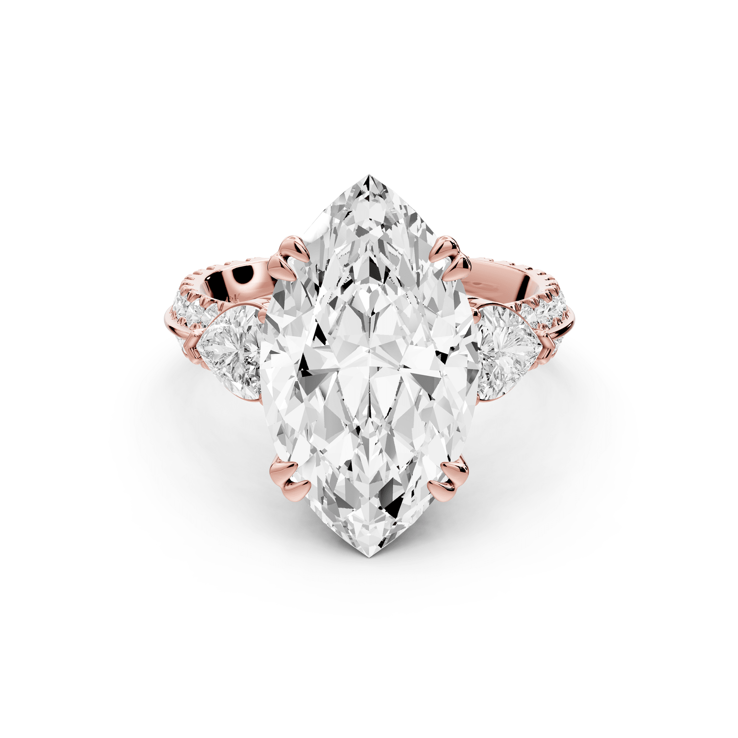 Elinor - 5ct 14k rose gold marquise diamond Double talon prongs with two heart side stones and rollover pavé engagement ring - Mr. Alex Jewelry