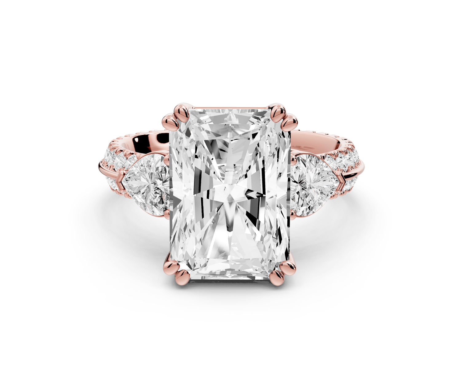 Elinor - 5ct 14k rose gold radiant diamond Double talon prongs with two heart side stones and rollover pavé engagement ring - Mr. Alex Jewelry