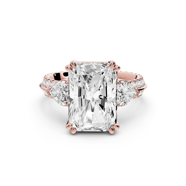Elinor - 5ct 14k rose gold radiant diamond Double talon prongs with two heart side stones and rollover pavé engagement ring - Mr. Alex Jewelry