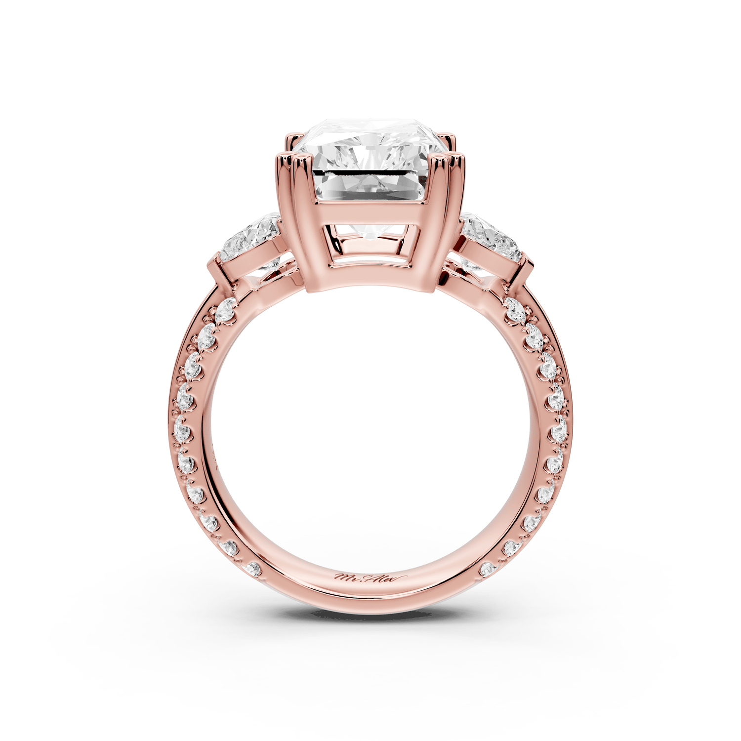 Elinor - 5ct 14k rose gold radiant diamond Double talon prongs with two heart side stones and rollover pavé engagement ring - Mr. Alex Jewelry