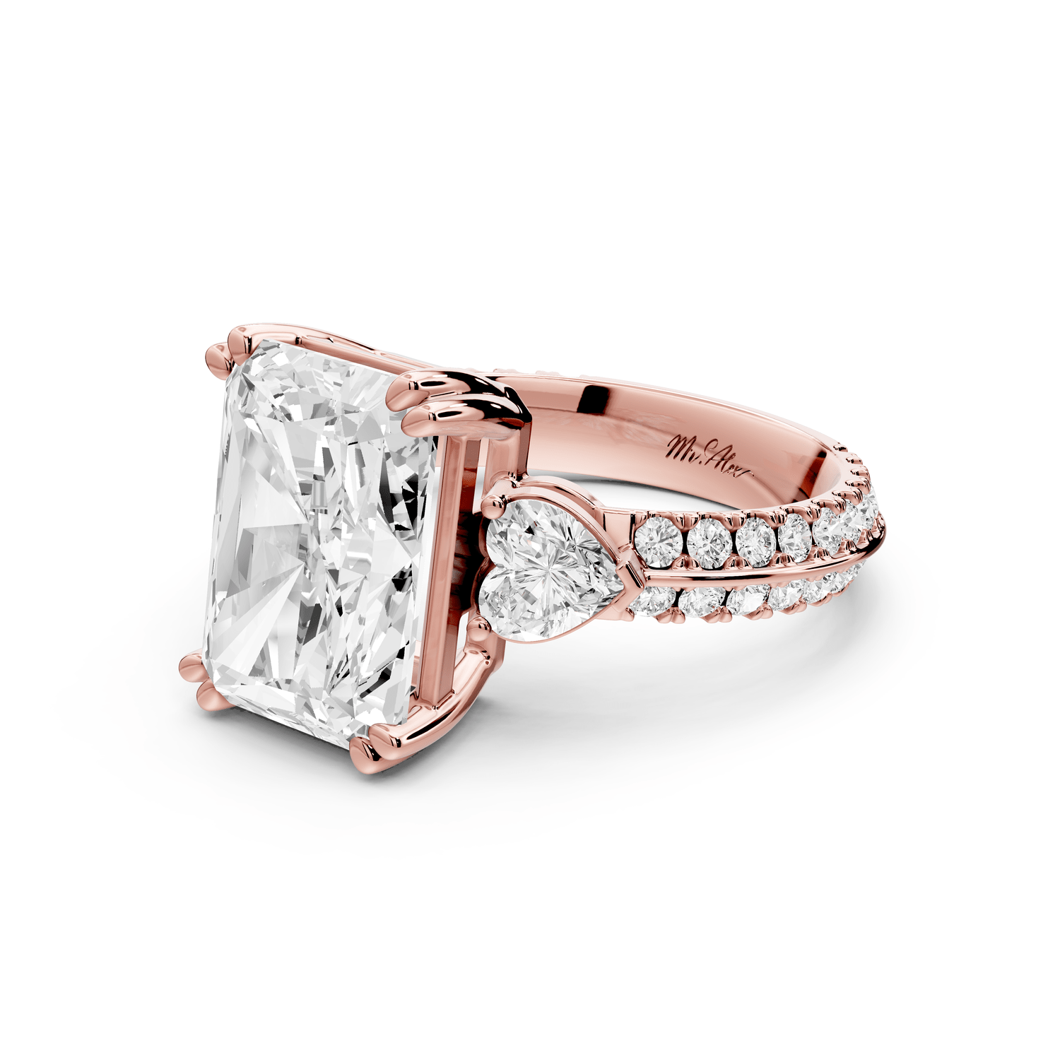 Elinor - 5ct 14k rose gold radiant diamond Double talon prongs with two heart side stones and rollover pavé engagement ring - Mr. Alex Jewelry