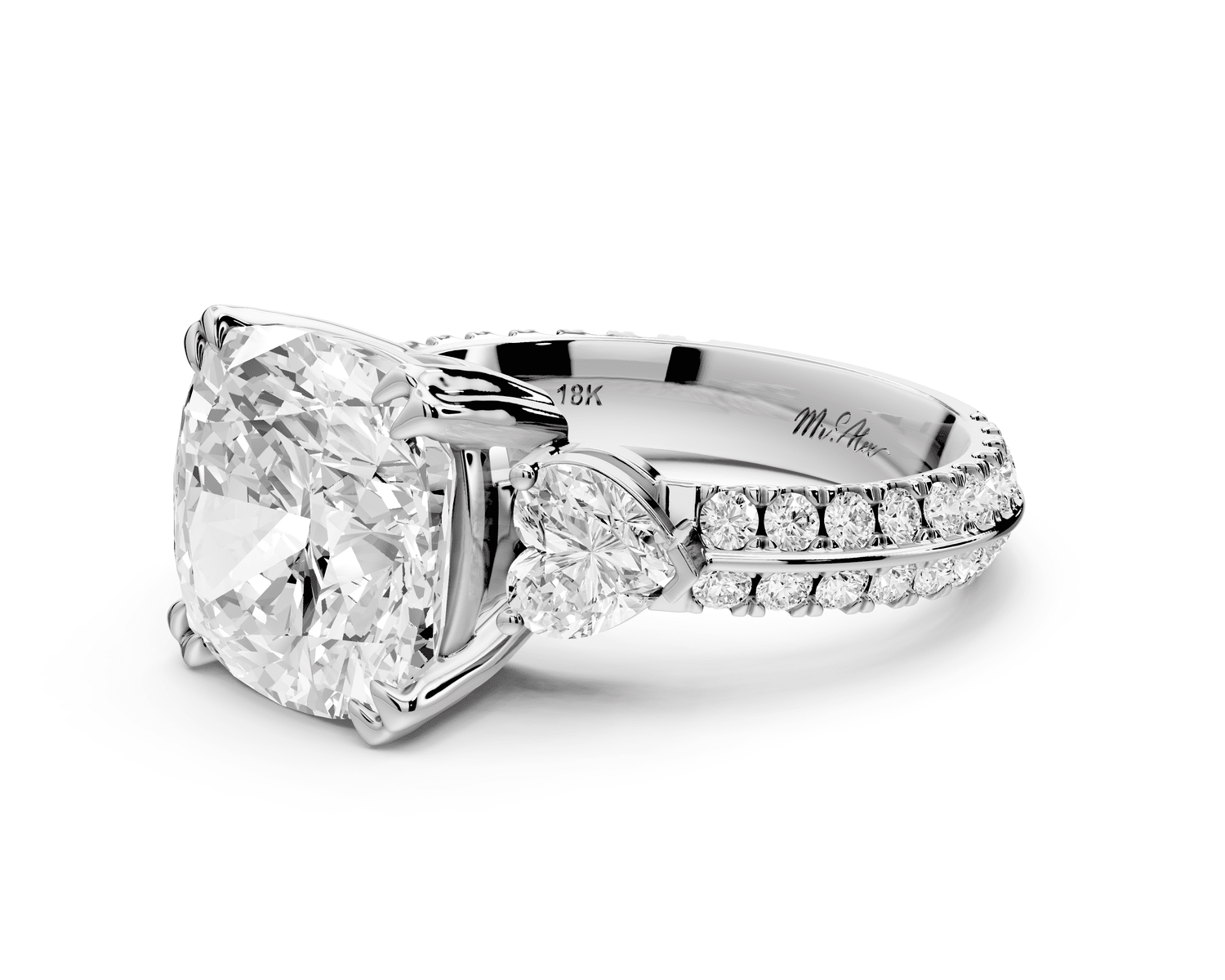 Elinor - 5ct 14k white gold cushion diamond Double talon prongs with two heart side stones and rollover pavé engagement ring - Mr. Alex Jewelry