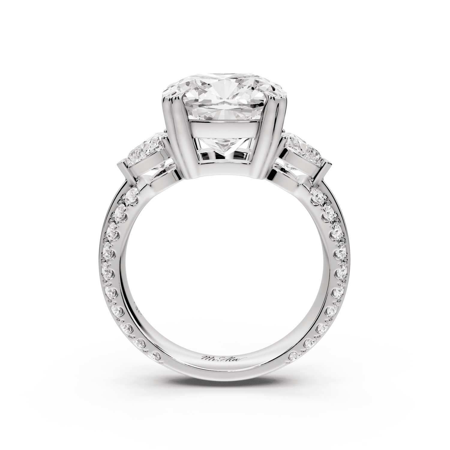 Elinor - 5ct 14k white gold cushion diamond Double talon prongs with two heart side stones and rollover pavé engagement ring - Mr. Alex Jewelry