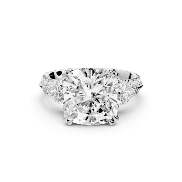 Elinor - 5ct 14k white gold cushion diamond Double talon prongs with two heart side stones and rollover pavé engagement ring - Mr. Alex Jewelry