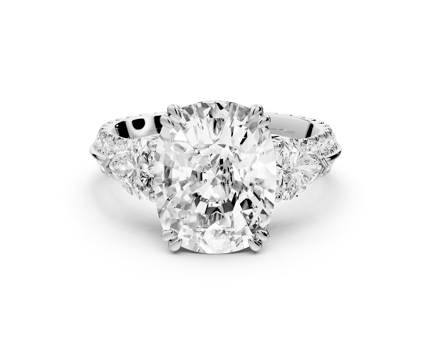 Elinor - 5ct 14k white gold ecushion diamond Double talon prongs with two heart side stones and rollover pavé engagement ring - Mr. Alex Jewelry