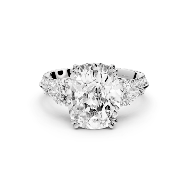 Elinor - 5ct 14k white gold ecushion diamond Double talon prongs with two heart side stones and rollover pavé engagement ring - Mr. Alex Jewelry