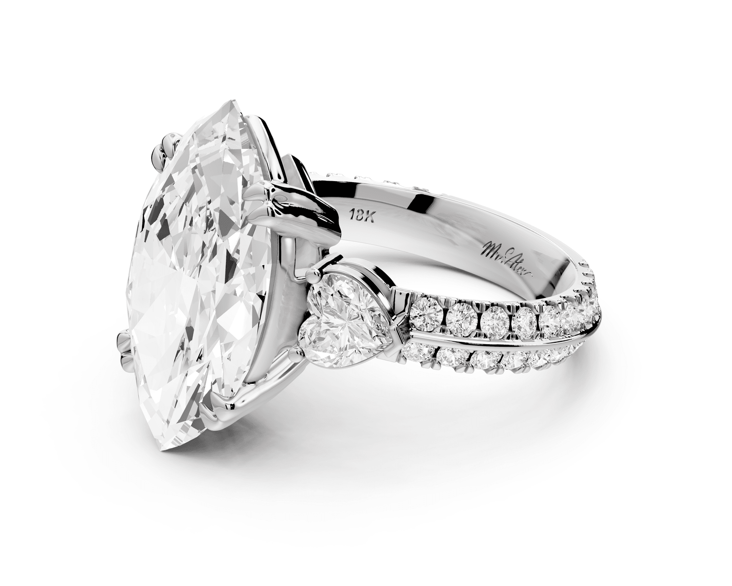Elinor - 5ct 14k white gold marquise diamond Double talon prongs with two heart side stones and rollover pavé engagement ring - Mr. Alex Jewelry