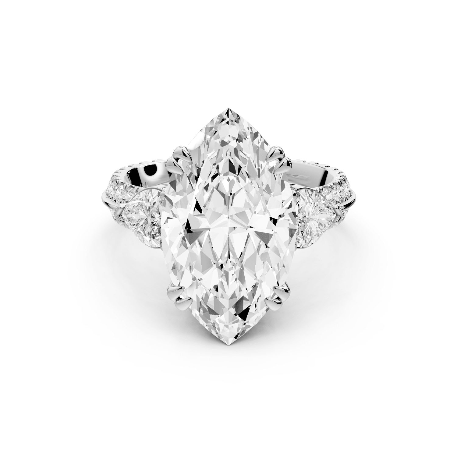 Elinor - 5ct 14k white gold marquise diamond Double talon prongs with two heart side stones and rollover pavé engagement ring - Mr. Alex Jewelry