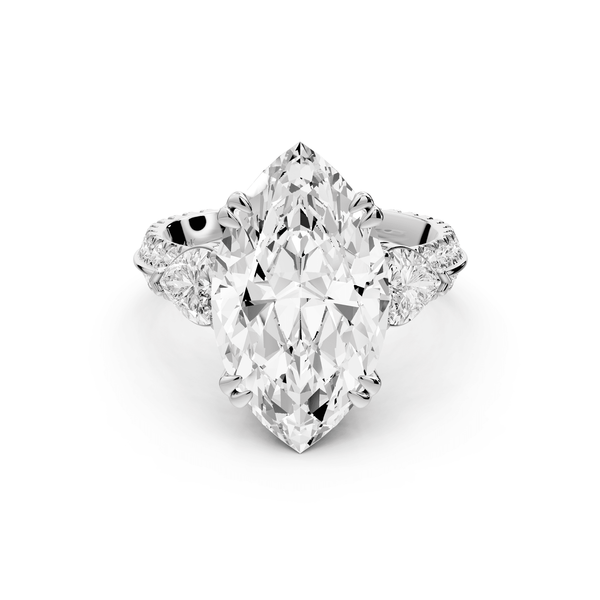 Elinor - 5ct 14k white gold marquise diamond Double talon prongs with two heart side stones and rollover pavé engagement ring - Mr. Alex Jewelry
