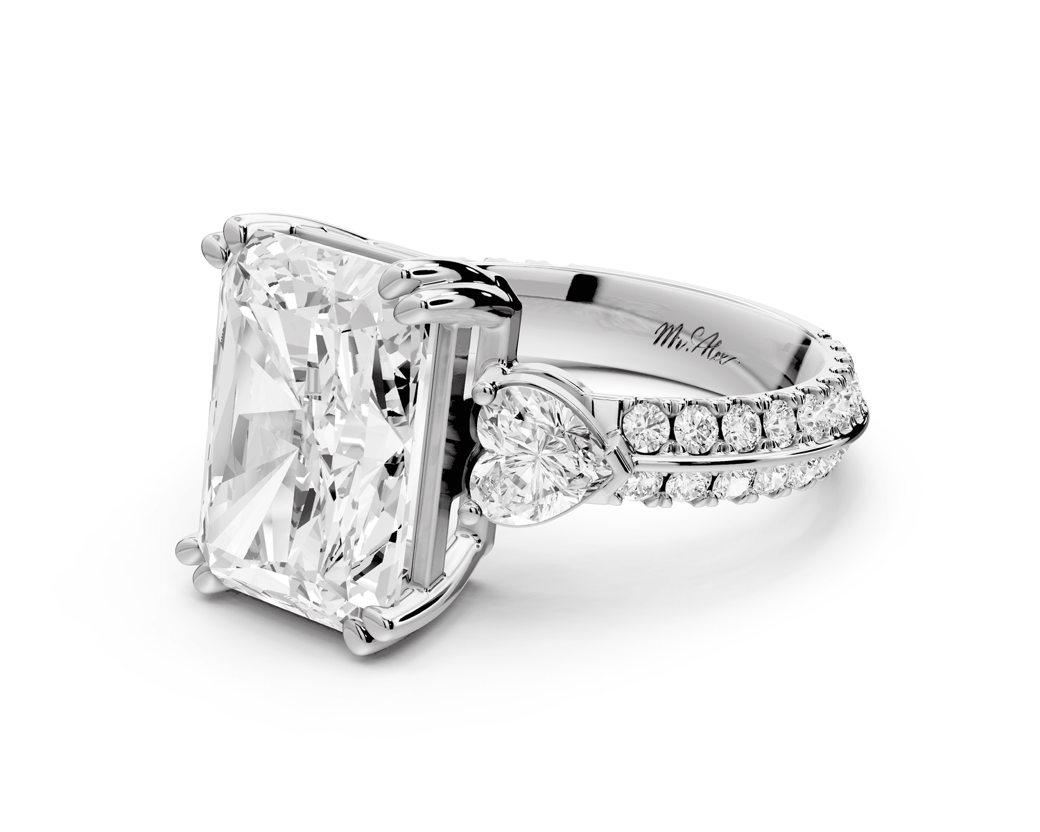 Elinor - 5ct 14k white gold radiant diamond Double talon prongs with two heart side stones and rollover pavé engagement ring - Mr. Alex Jewelry