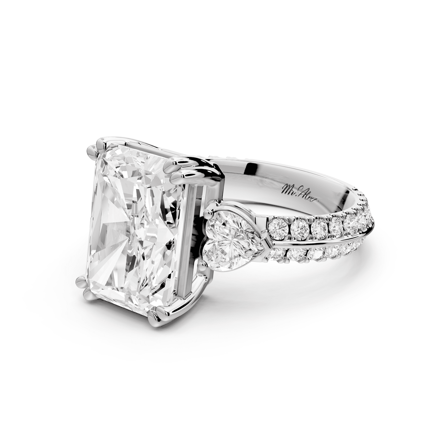 Elinor - 5ct 14k white gold radiant diamond Double talon prongs with two heart side stones and rollover pavé engagement ring - Mr. Alex Jewelry
