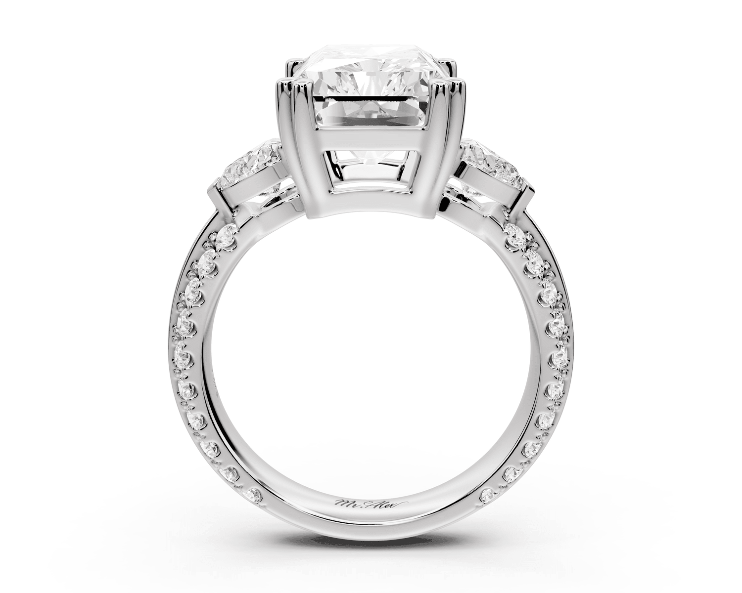 Elinor - 5ct 14k white gold radiant diamond Double talon prongs with two heart side stones and rollover pavé engagement ring - Mr. Alex Jewelry