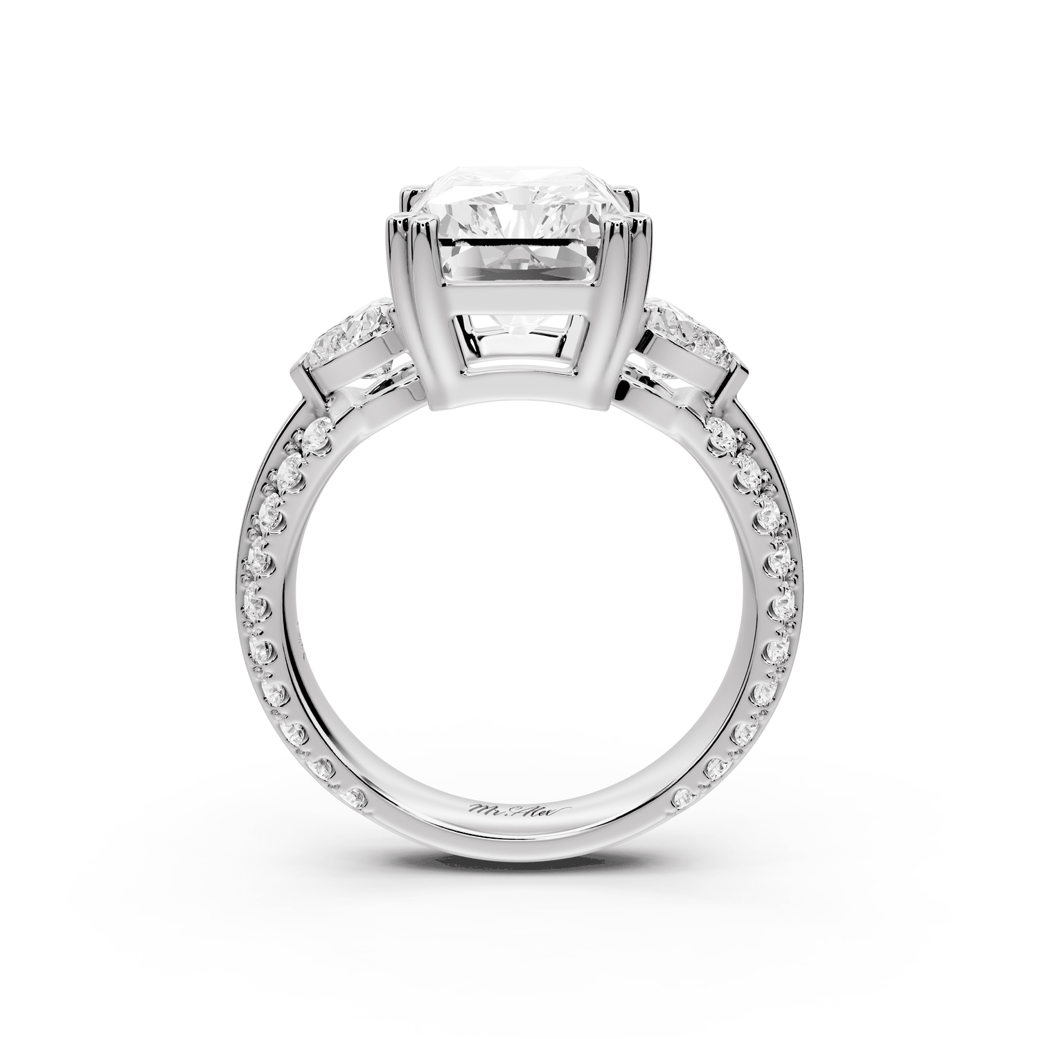 Elinor - 5ct 14k white gold radiant diamond Double talon prongs with two heart side stones and rollover pavé engagement ring - Mr. Alex Jewelry
