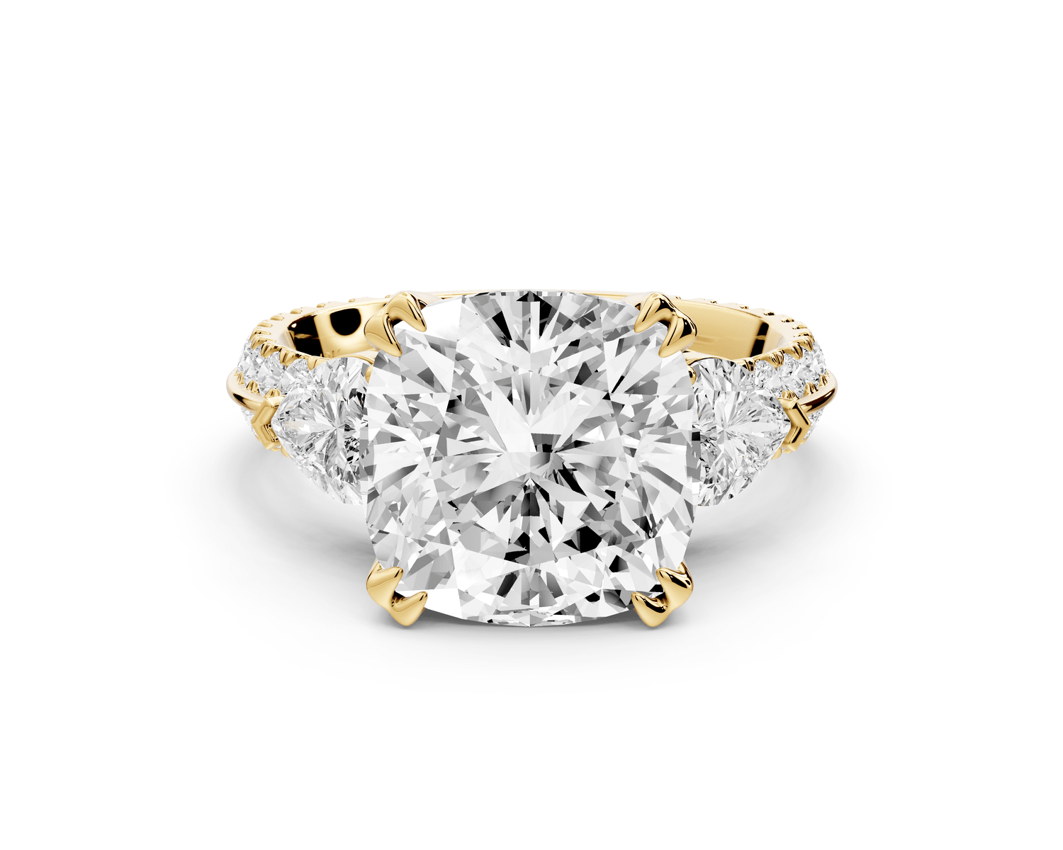 Elinor - 5ct 14k yellow gold cushion diamond Double talon prongs with two heart side stones and rollover pavé engagement ring - Mr. Alex Jewelry