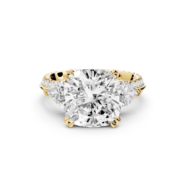 Elinor - 5ct 14k yellow gold cushion diamond Double talon prongs with two heart side stones and rollover pavé engagement ring - Mr. Alex Jewelry