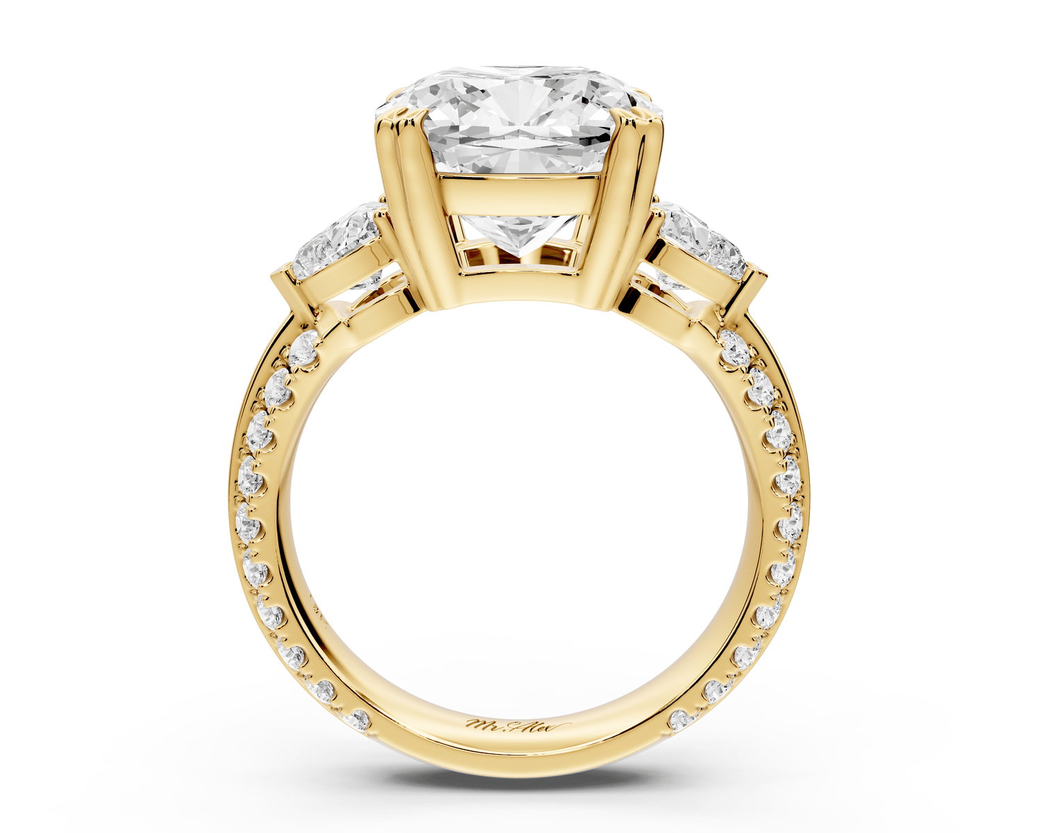 Elinor - 5ct 14k yellow gold cushion diamond Double talon prongs with two heart side stones and rollover pavé engagement ring - Mr. Alex Jewelry