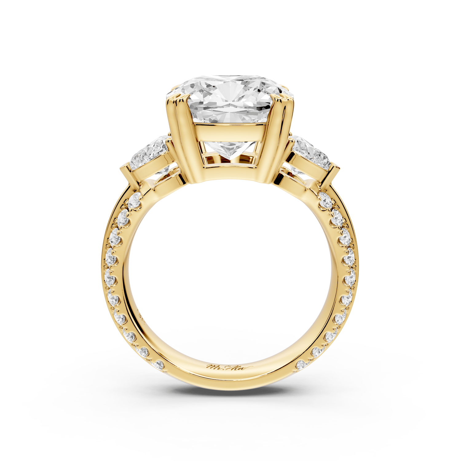 Elinor - 5ct 14k yellow gold cushion diamond Double talon prongs with two heart side stones and rollover pavé engagement ring - Mr. Alex Jewelry