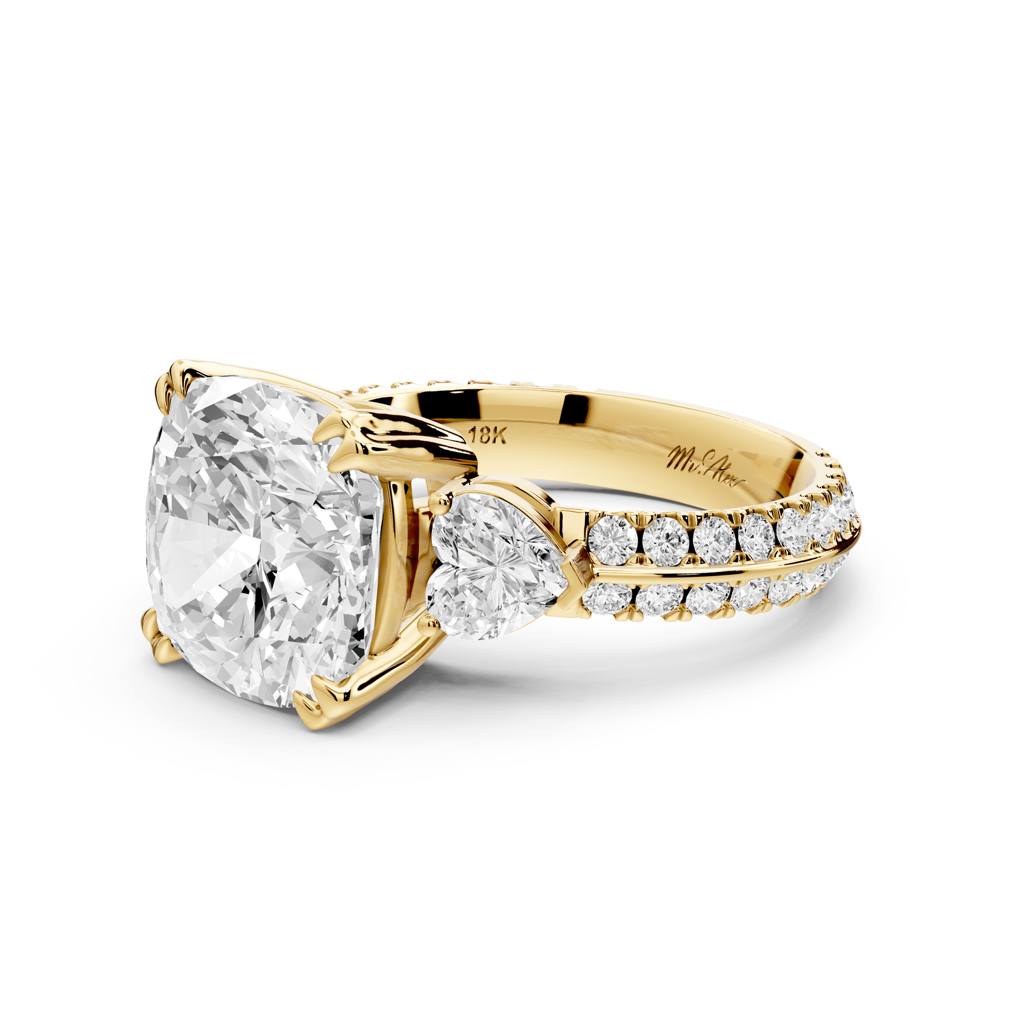 Elinor - 5ct 14k yellow gold cushion diamond Double talon prongs with two heart side stones and rollover pavé engagement ring - Mr. Alex Jewelry