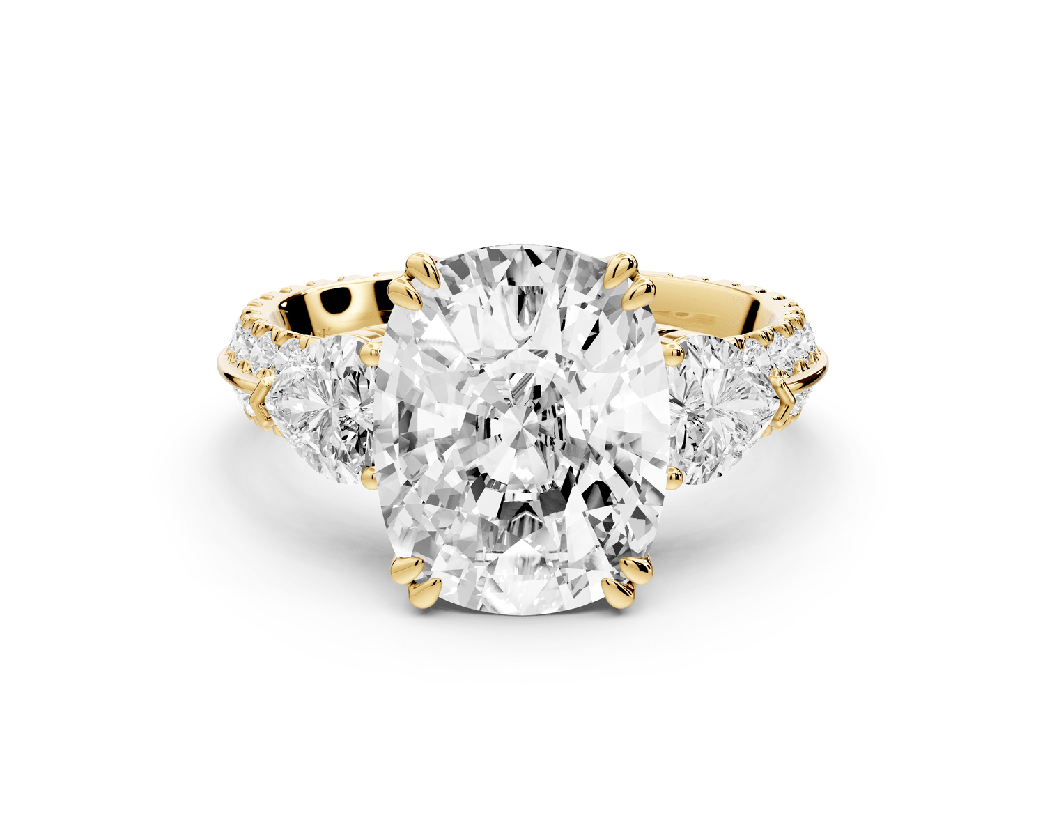 Elinor - 5ct 14k yellow gold ecushion diamond Double talon prongs with two heart side stones and rollover pavé engagement ring - Mr. Alex Jewelry