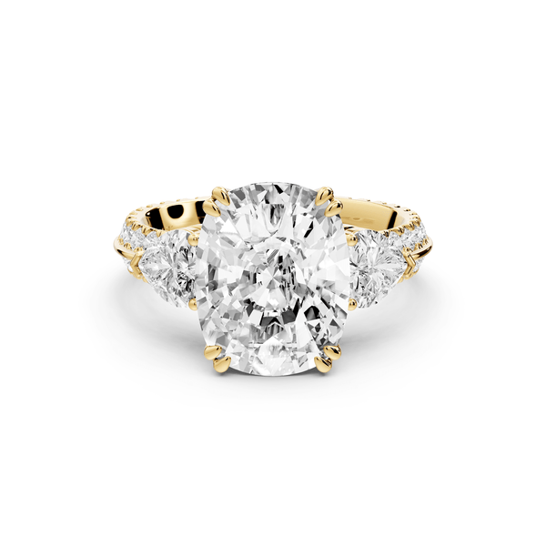 Elinor - 5ct 14k yellow gold ecushion diamond Double talon prongs with two heart side stones and rollover pavé engagement ring - Mr. Alex Jewelry